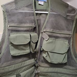Mens Pacific Fly Flyvest Olive Green Mesh Utility Vest with Multiple Pockets
